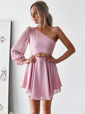 A-Line/Princess One-Shoulder Chiffon Long Sleeves Short/Mini Dresses with Ruffles