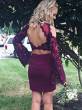 Sheath/Column Scoop Satin Long Sleeves Short/Mini Two Piece Homecoming Dresses with Applique