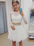 A-Line/Princess Bateau Lace Long Sleeves Short/Mini Dresses with Rhinestone
