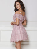 A-Line/Princess Off-the-Shoulder Lace Sleeveless Short/Mini Dresses with Ruffles