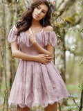 A-Line/Princess Off-the-Shoulder Lace Sleeveless Short/Mini Dresses with Ruffles