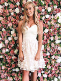 A-Line/Princess Spaghetti Straps Satin Sleeveless Knee Length Homecoming Dresses with Applique