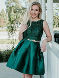 A-Line/Princess Scoop Satin Sleeveless Knee Length Two Piece Homecoming Dresses with Beading