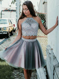 A-Line/Princess Halter Tulle Sleeveless Short/Mini Two Piece Homecoming Dresses with Applique