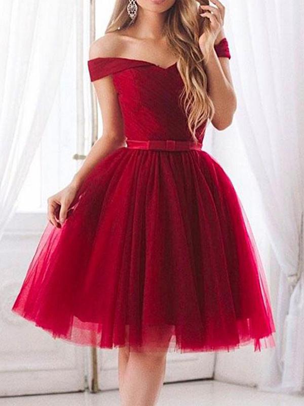 A-Line/Princess Off-the-Shoulder Tulle Sleeveless Knee Length Dresses with Ruffles