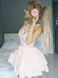 A-Line/Princess Spaghetti Straps Satin Sleeveless Short/Mini Dresses with Ruffles