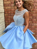 A-Line/Princess Scoop Satin Sleeveless Short/Mini Homecoming Dresses with Beading