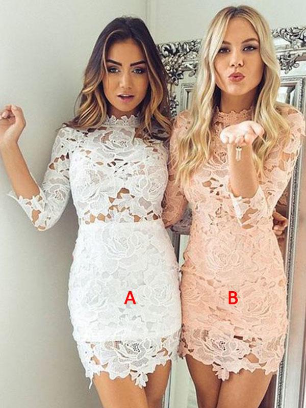 Sheath/Column High Neck Lace 3/4 Sleeves Short/Mini Homecoming Dresses with Applique