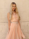 A-Line/Princess High Neck Chiffon Sleeveless Knee Length Dresses with Beading