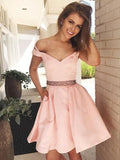 A-Line/Princess Off-the-Shoulder Satin Sleeveless Short/Mini Dresses with Beading