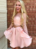 A-Line/Princess High Neck Satin Long Sleeves Short/Mini Dresses with Lace