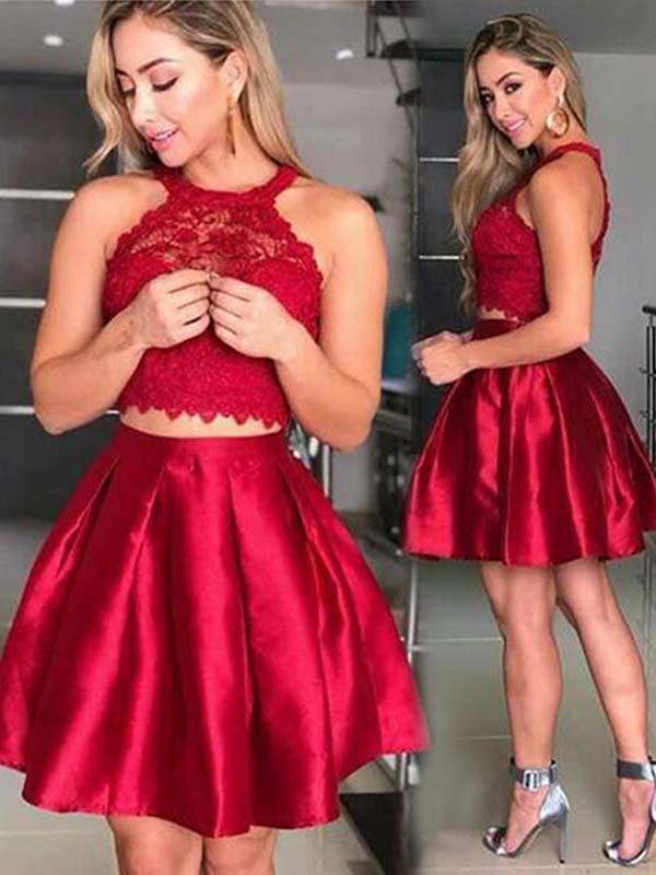 A-Line/Princess Halter Satin Sleeveless Short/Mini Prom Homecoming Dresses with Lace