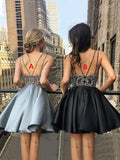 A-Line/Princess V-neck Satin Sleeveless Short/Mini Cocktail Dresses with Beading