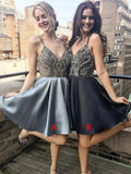 A-Line/Princess V-neck Satin Sleeveless Short/Mini Cocktail Dresses with Beading