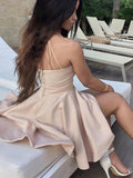 A-Line/Princess Spaghetti Straps Satin Sleeveless Short/Mini Homecoming Dresses with Ruffles