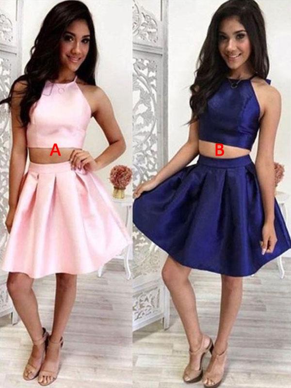 A-Line/Princess Halter Satin Sleeveless Short/Mini Two Piece Cocktail Dresses with Ruffles