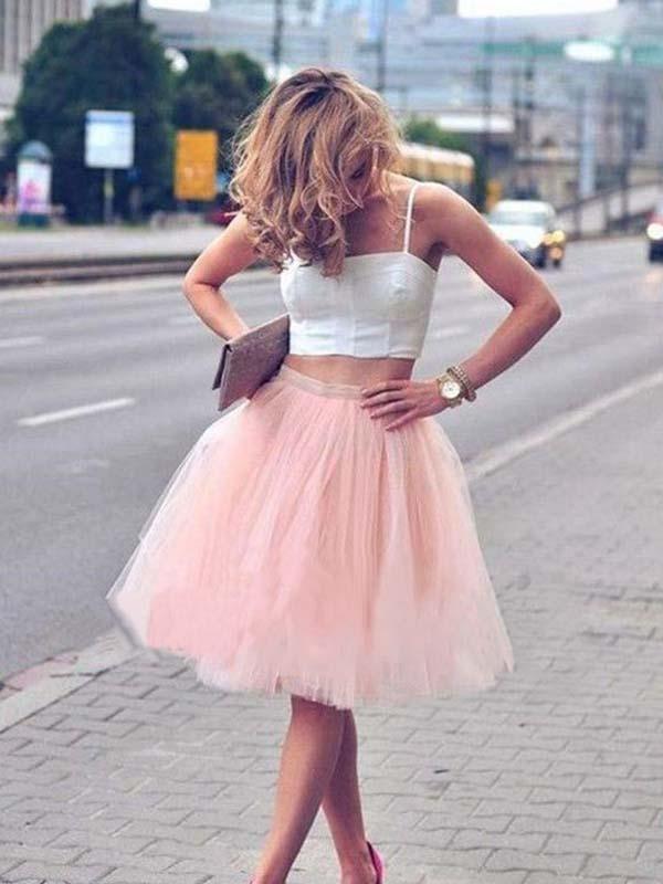 A-Line/Princess Spaghetti Straps Tulle Sleeveless Knee Length 2 Piece Homecoming Dresses with Pleats