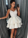 A-Line/Princess Spaghetti Straps Satin Sleeveless Short/Mini Homecoming Dresses with Ruffles