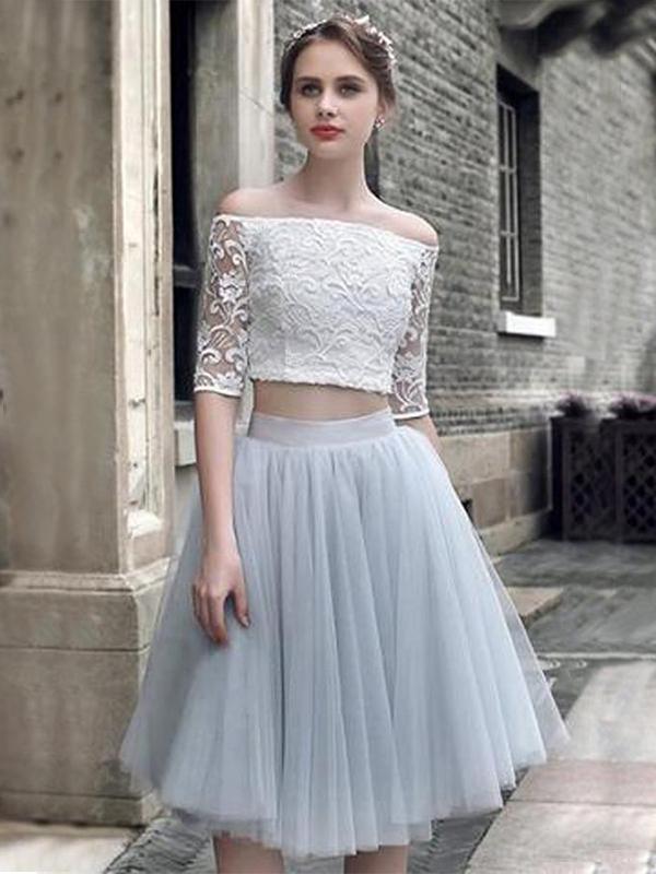 A-Line/Princess Off-the-Shoulder Tulle 1/2 Sleeves Knee Length 2 Piece Homecoming Dresses with Ruched