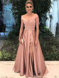 A-Line/Princess Off-the-Shoulder Satin Sleeveless Long Prom Evening Dresses with Sash/Ribbon/Belt