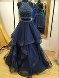 A-Line/Princess Halter Tulle Sleeveless Long Prom Evening Dresses with Beading
