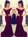 Trumpet/Mermaid Off-the-Shoulder Satin Sleeveless Sweep/Brush Train Formal Evening Dresses with Lace