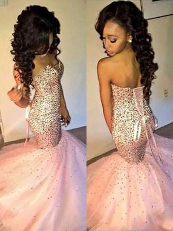 Trumpet/Mermaid Sweetheart Tulle Sleeveless Sweep/Brush Train Prom Evening Dresses with Sequin