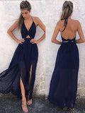 A-Line/Princess V-Neck Chiffon Sleeveless Long Prom Dresses with Slit Ruched