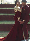Trumpet/Mermaid High Neck Velvet Long Sleeves Court Train Prom Evening Dresses with Applique