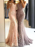Sheath/Column Spaghetti Straps Tulle Sleeveless Sweep/Brush Train Prom Dresses with Lace
