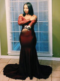 Trumpet/Mermaid Off-the-Shoulder Elastic Woven Satin Long Sleeves Plus Size Court Train Dresses with Applique