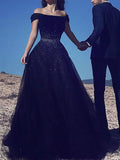 Ball Gown Off-the-Shoulder Tulle Sleeveless Sweep/Brush Train Prom Evening Dresses with Beading