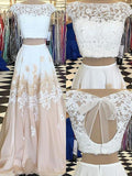 A-Line/Princess Bateau Chiffon Sleeveless Two Piece Long Prom Dresses with Lace