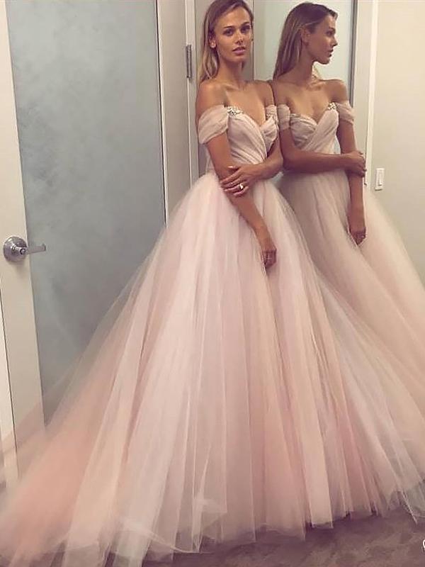 A-Line/Princess Off-the-Shoulder Tulle Sleeveless Sweep/Brush Train Prom Formal Dresses with Beading