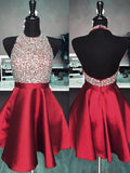 A-Line/Princess Halter Satin Sleeveless Short/Mini Homecoming Dresses with Beading