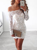 Sheath/Column Off-the-Shoulder Long Sleeves Short/Mini Homecoming Dresses with Lace