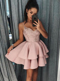 A-Line/Princess Spaghetti Straps Satin Long Sleeves Short/Mini Homecoming Dresses with Pleats