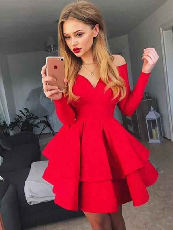 A-Line/Princess Off-the-Shoulder Satin Long Sleeves Short/Mini Cocktail Dresses with Ruffles