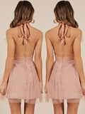 A-Line/Princess Halter Tulle Long Sleeves Short/Mini Homecoming Dresses with Ruffles