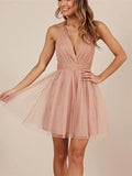A-Line/Princess Halter Tulle Long Sleeves Short/Mini Homecoming Dresses with Ruffles