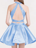 A-Line/Princess Halter Satin Long Sleeves Two Piece Short/Mini Homecoming Dresses with Lace