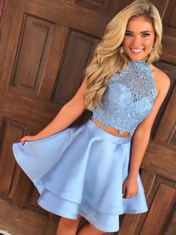 A-Line/Princess Halter Satin Long Sleeves Two Piece Short/Mini Homecoming Dresses with Lace