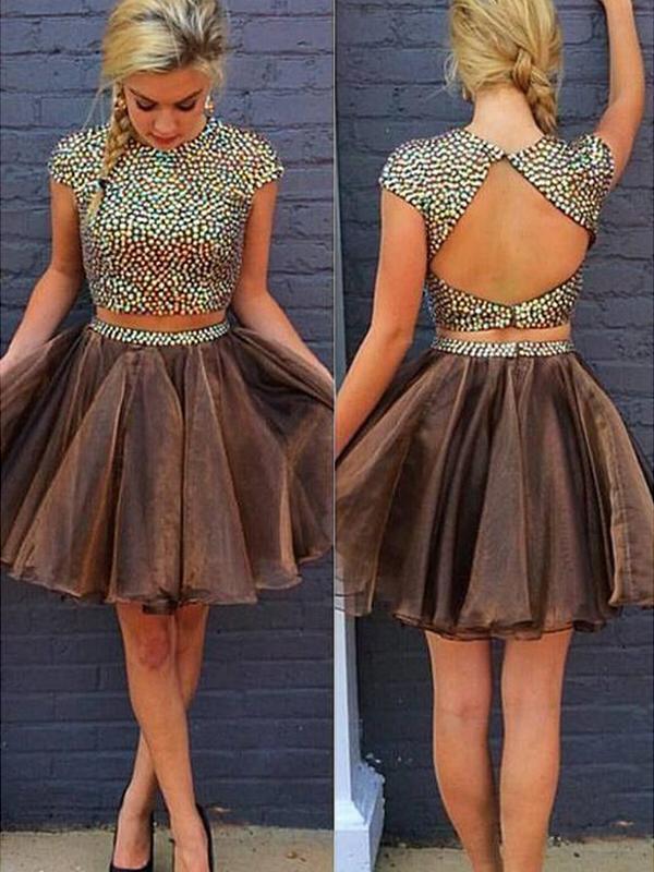 A-Line/Princess Scoop Organza Long Sleeves Two Piece Short/Mini Homecoming Dresses with Beading