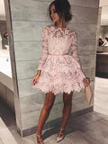 A-Line/Princess Bateau Beading Long Sleeves Short/Mini Cocktail Dresses with Lace