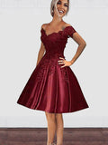 A-Line/Princess Off-the-Shoulder Satin Sleeveless Knee Length Prom Dresses with Applique