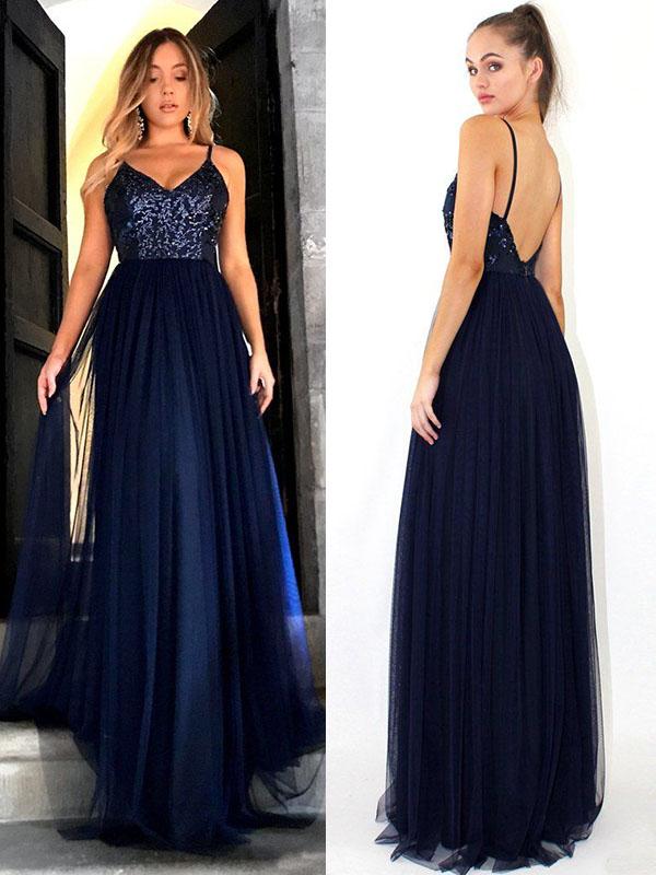 A-Line/Princess Straps Tulle Sleeveless Long Prom Evening Dresses with Sequin