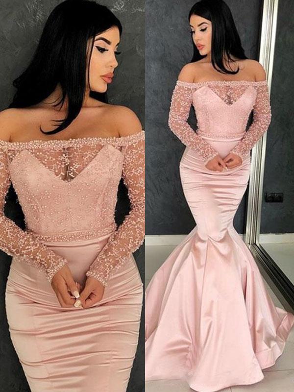 Trumpet/Mermaid Off-the-Shoulder Satin Long Sleeves Sweep/Brush Train Prom Dresses with Ruffles