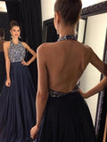 A-Line/Princess Halter Satin Sleeveless Sweep/Brush Train Prom Dresses with Beading