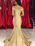 Trumpet/Mermaid Off-the-Shoulder Satin Sleeveless Sweep/Brush Train Formal Evening Dresses with Ruffles