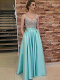 A-Line/Princess V-neck Satin Sleeveless Long Prom Dresses with Beading